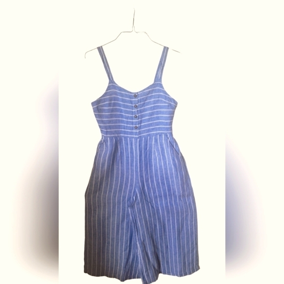 C & C California Blue & White Stripe Linen Wide Cropped Legs Jumpsuit Sz 8 - Picture 3 of 11